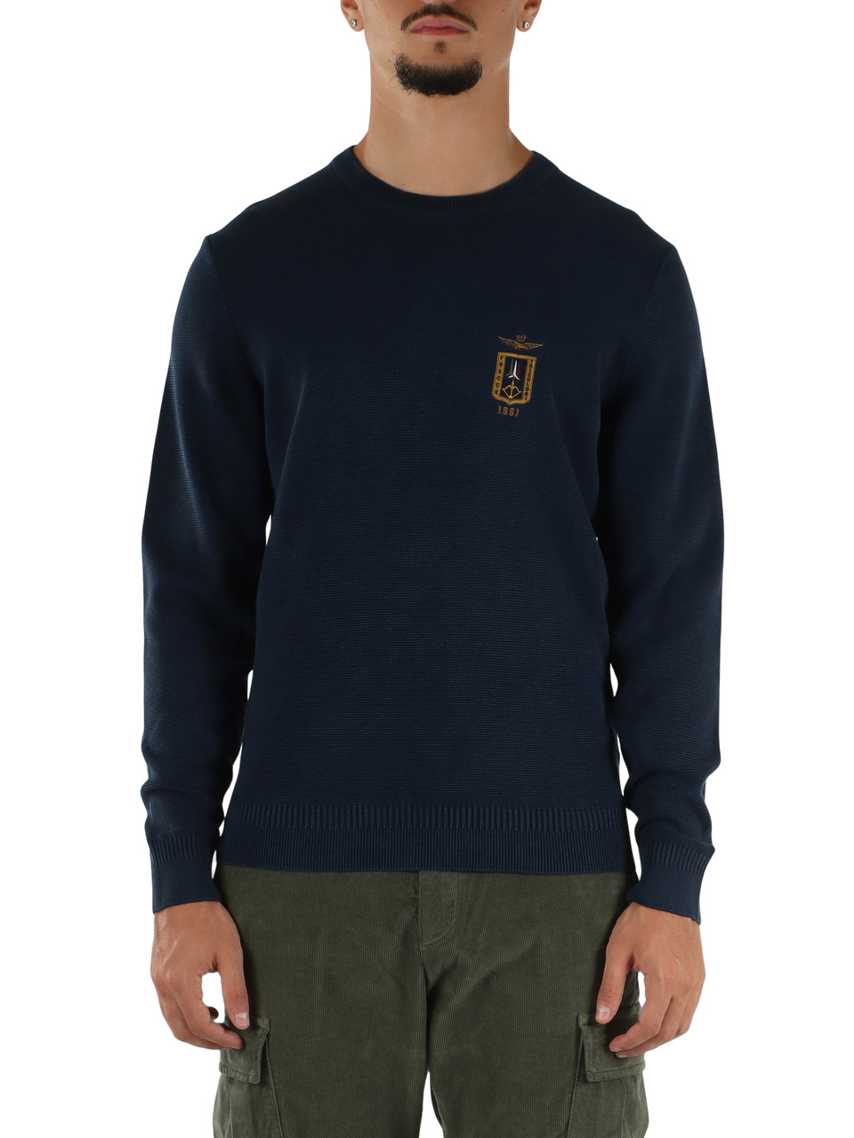 BLU SCURO | Maglia girocollo in cotone e lyocell con ricamo logo