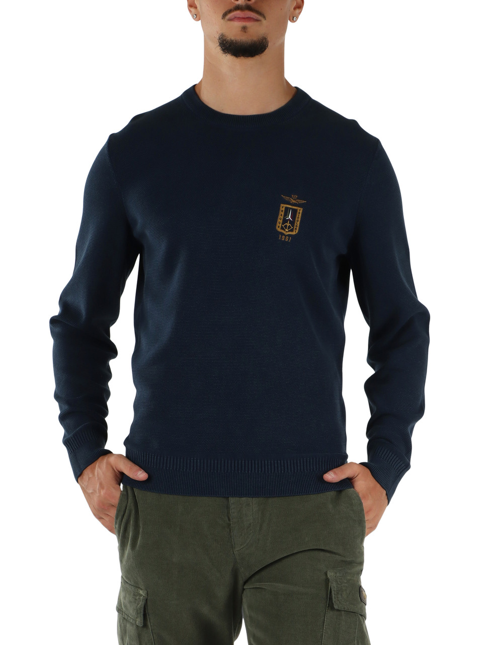 BLU SCURO | Maglia girocollo in cotone e lyocell con ricamo logo