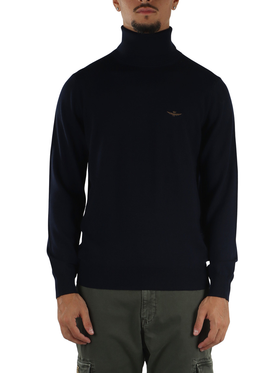 BLU SCURO | Maglia collo alto in lana merino con ricamo logo