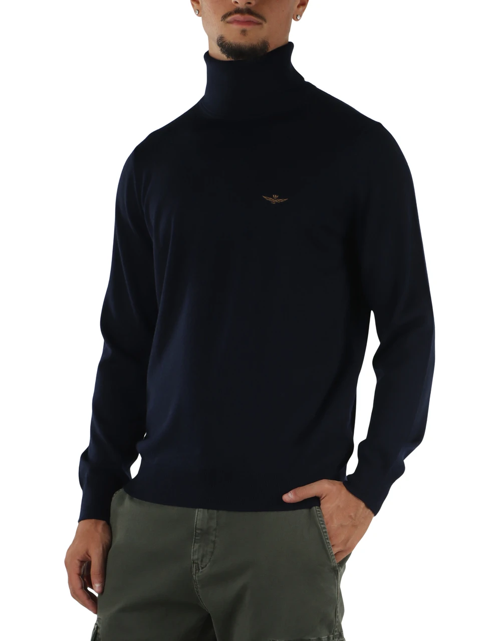 BLU SCURO | Maglia collo alto in lana merino con ricamo logo