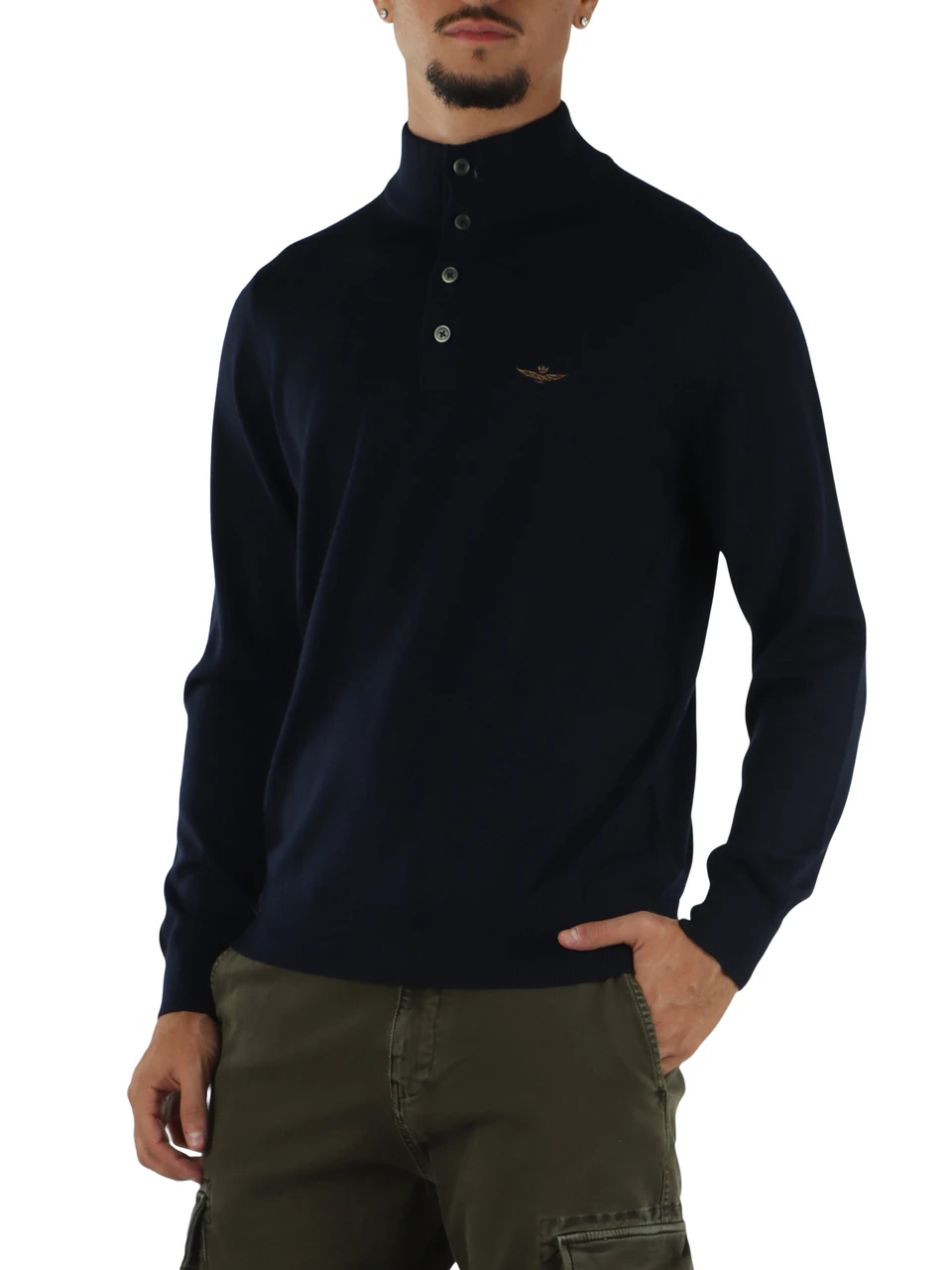 BLU SCURO | Maglia in lana merino con bottoni al collo