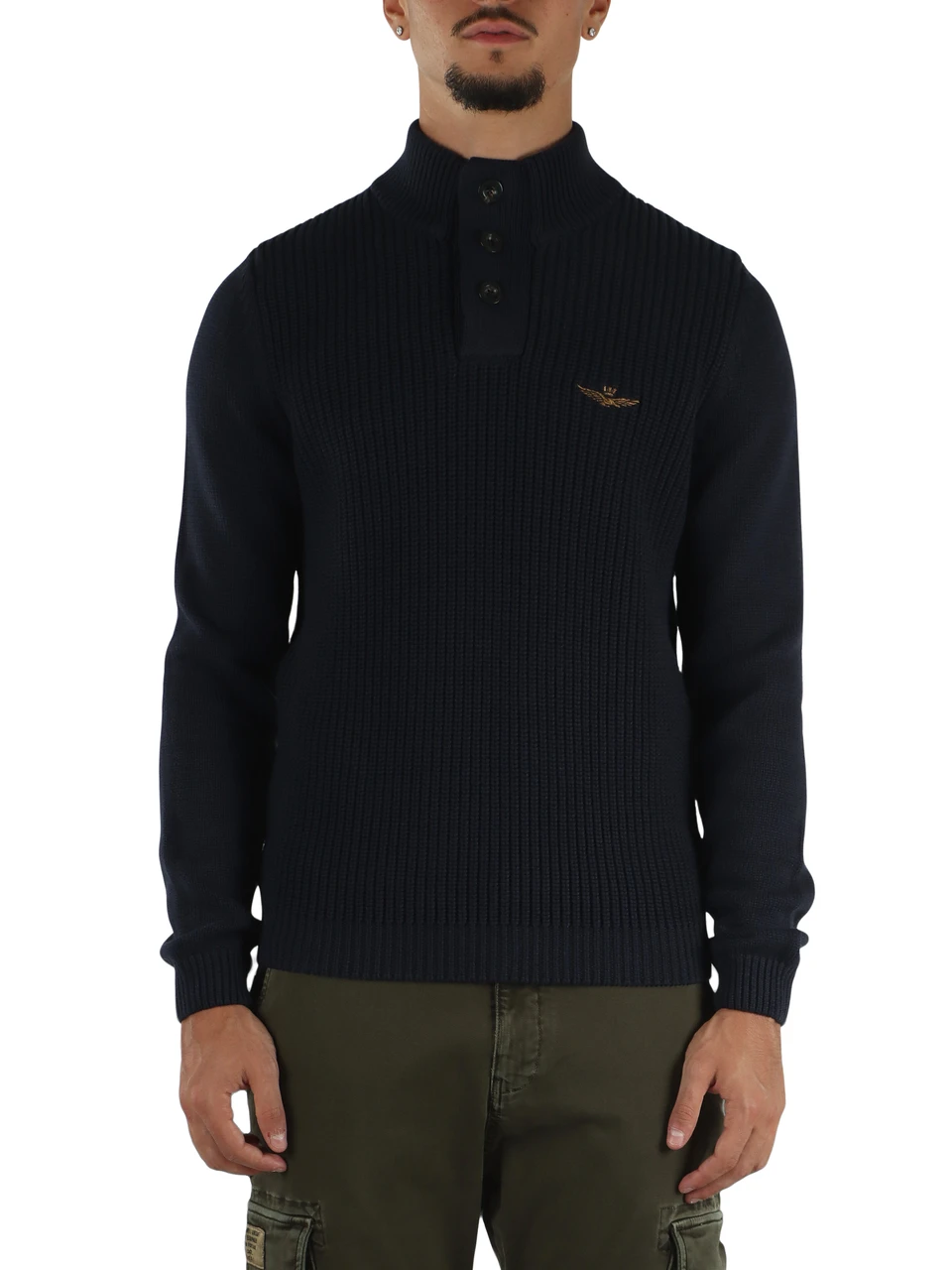 BLU SCURO | Maglia in cotone pesante con bottoni al collo