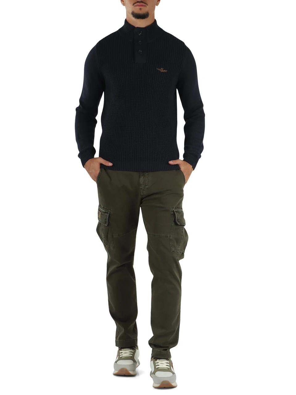 BLU SCURO | Maglia in cotone pesante con bottoni al collo