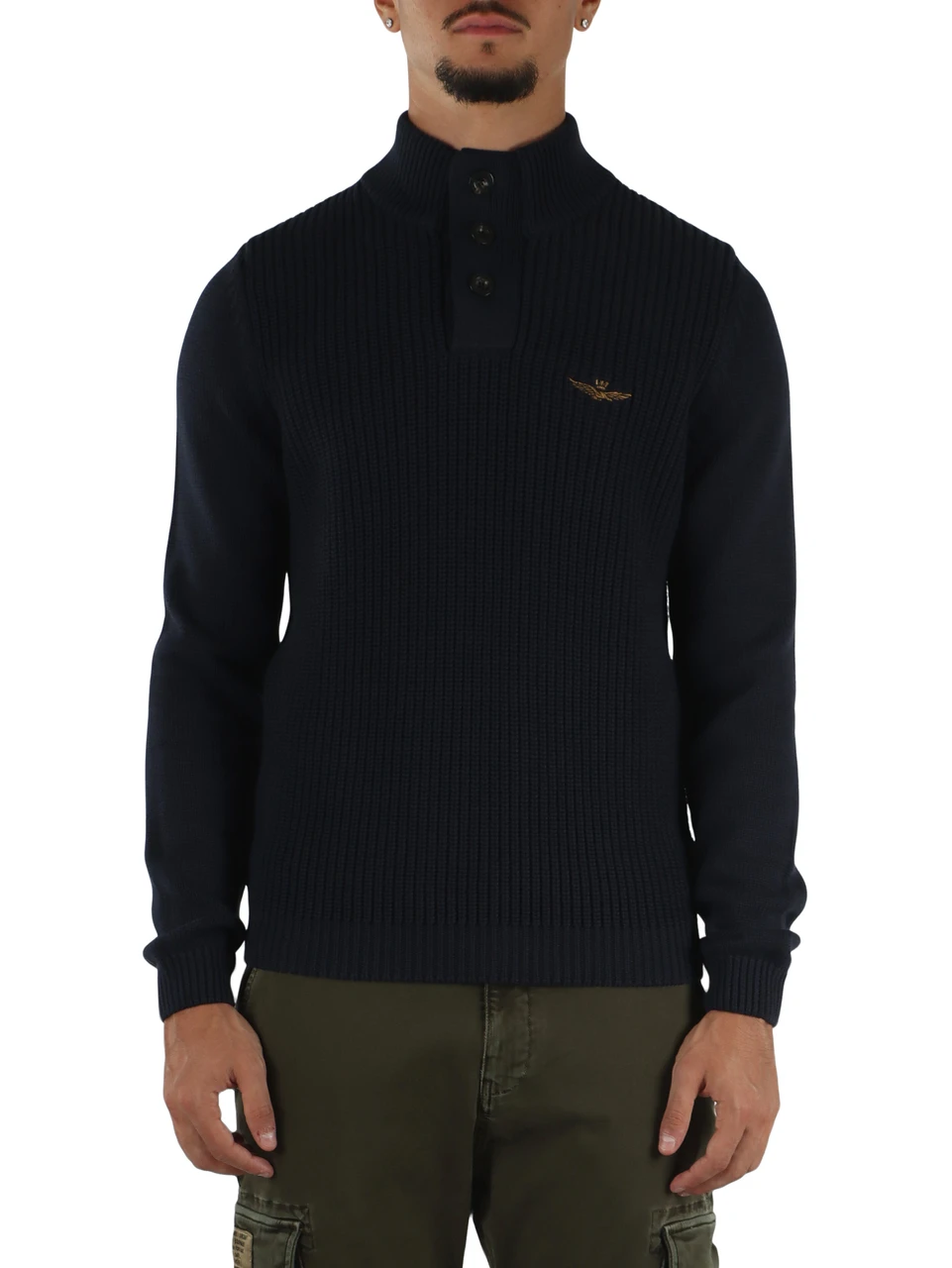 BLU SCURO | Maglia in cotone pesante con bottoni al collo