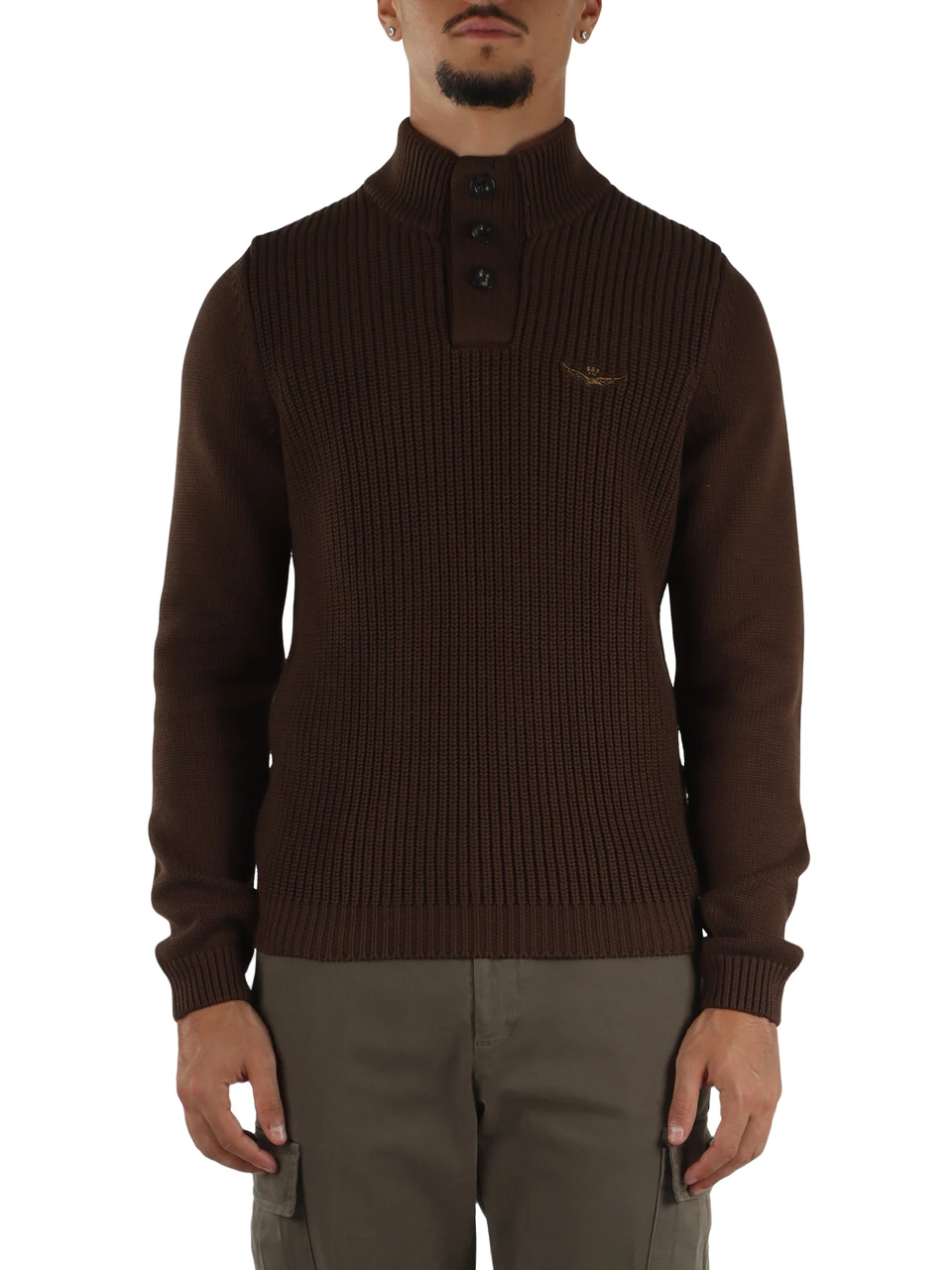 MARRONE | Maglia in cotone pesante con bottoni al collo