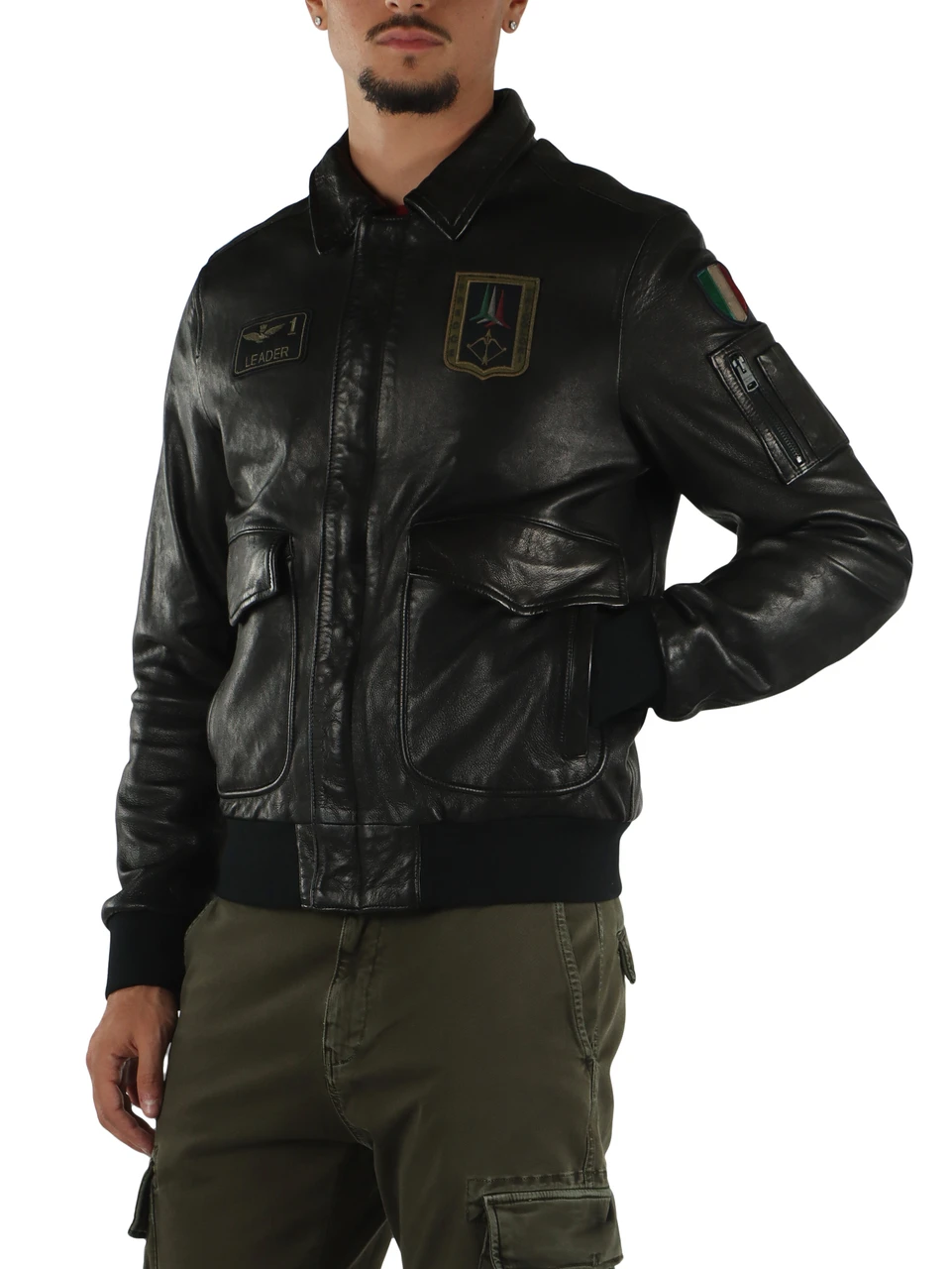 NERO | Giacca Pilot in pelle con patch logo