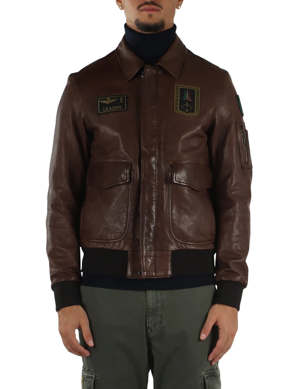 MARRONE | Giacca Pilot in pelle con patch logo