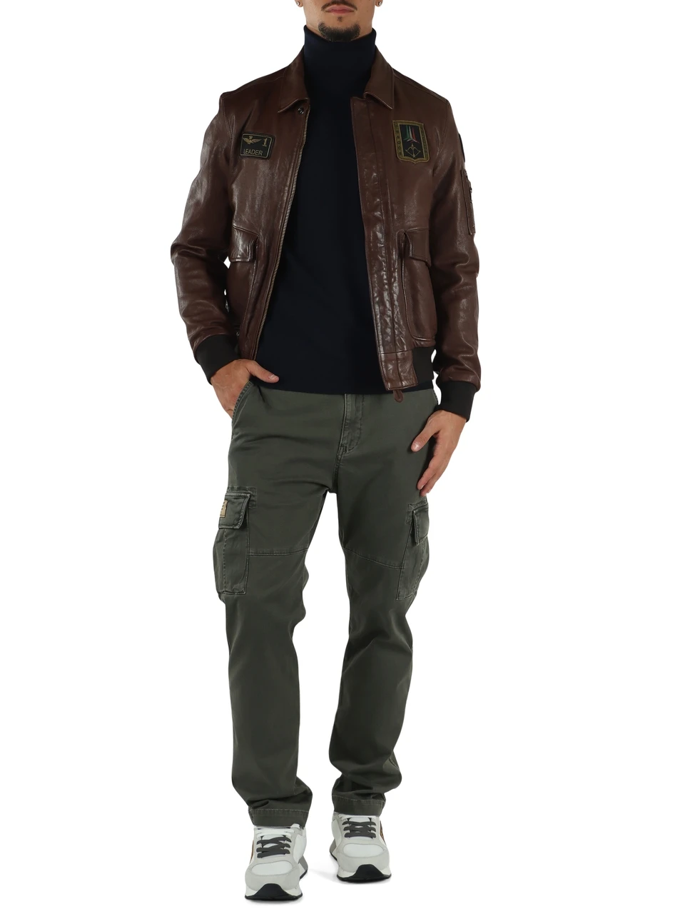 MARRONE | Giacca Pilot in pelle con patch logo