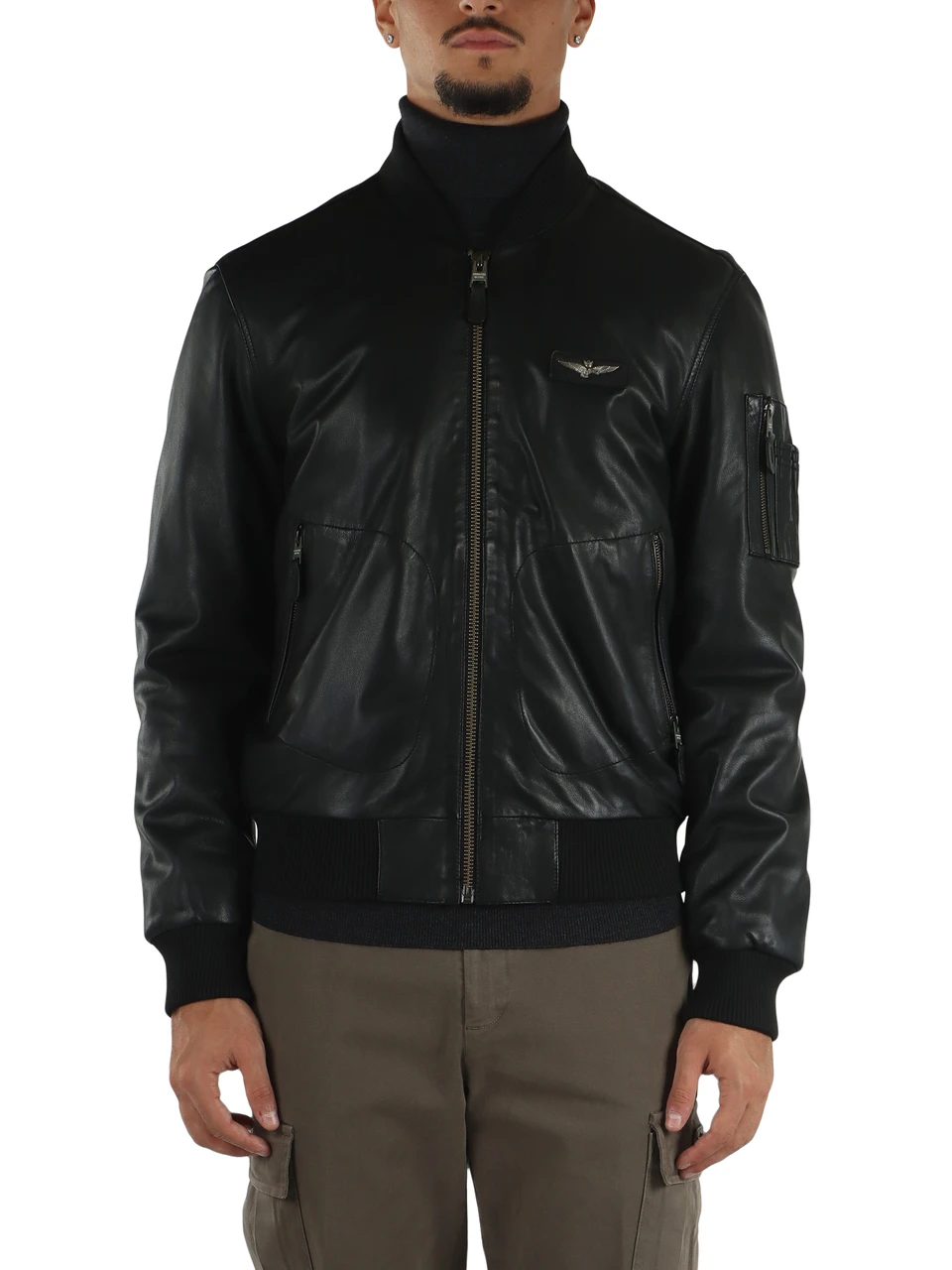 NERO | Giacca bomber in pelle con placca logo