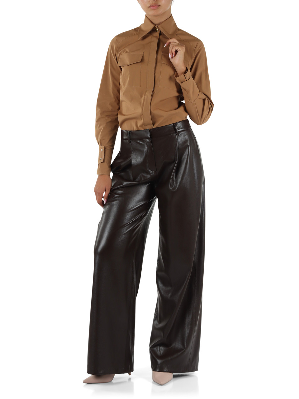 CAMMELLO | Camicia in cotone stretch con collo alto a punta