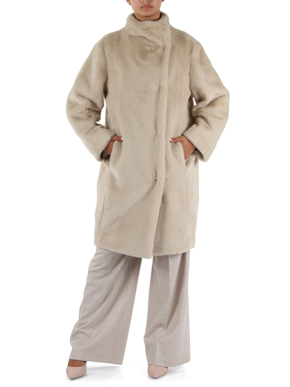 BEIGE | Cappotto tre quarti in ecopelliccia