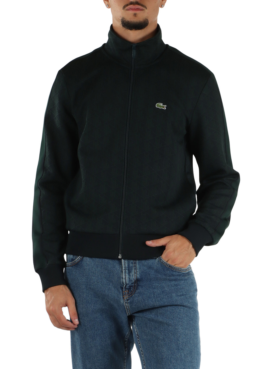 DUNKELGRÜN | Regular Fit Sweatshirt mit Reißverschluss aus Jacquardstoff