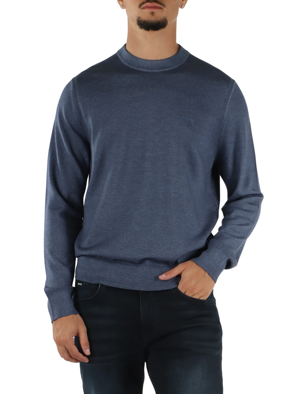 BLU CHIARO | Maglia girocollo in lana vergine con ricamo logo