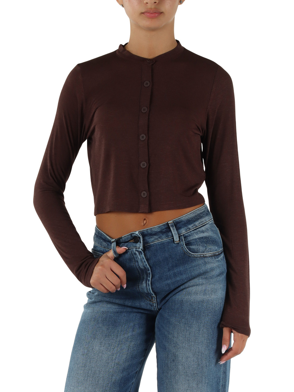 MARRONE | Cardigan in maglina sottile di misto viscosa e cashemere