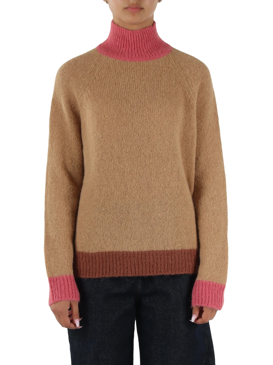 BEIGE | Rollkragenpullover aus Alpaka-Mischung mit kontrastierenden Einsätzen