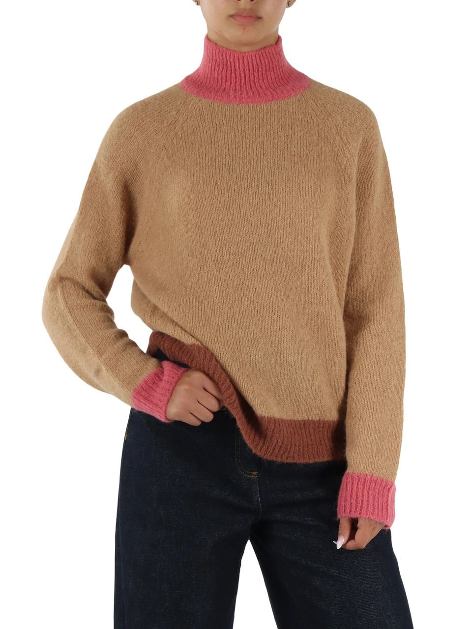 BEIGE | Rollkragenpullover aus Alpaka-Mischung mit kontrastierenden Einsätzen