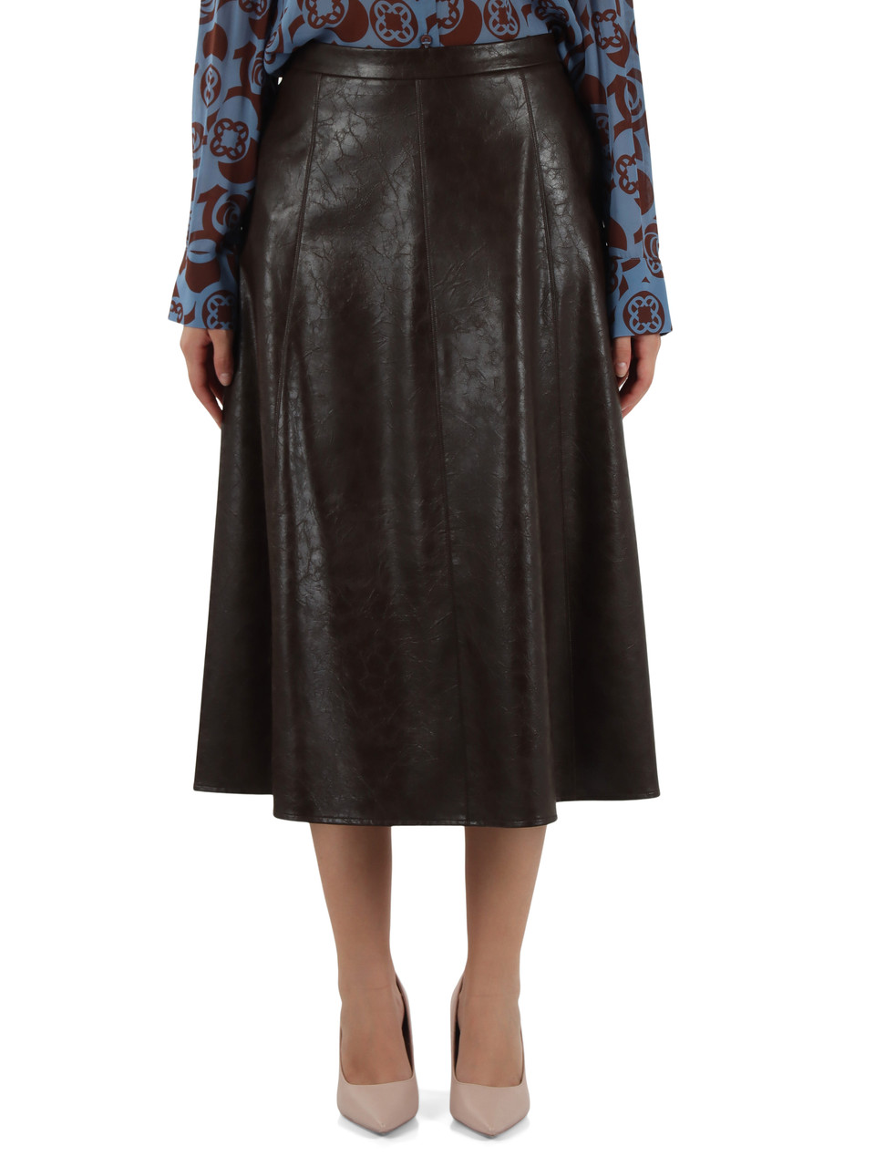 MARRONE | Gonna midi in ecopelle