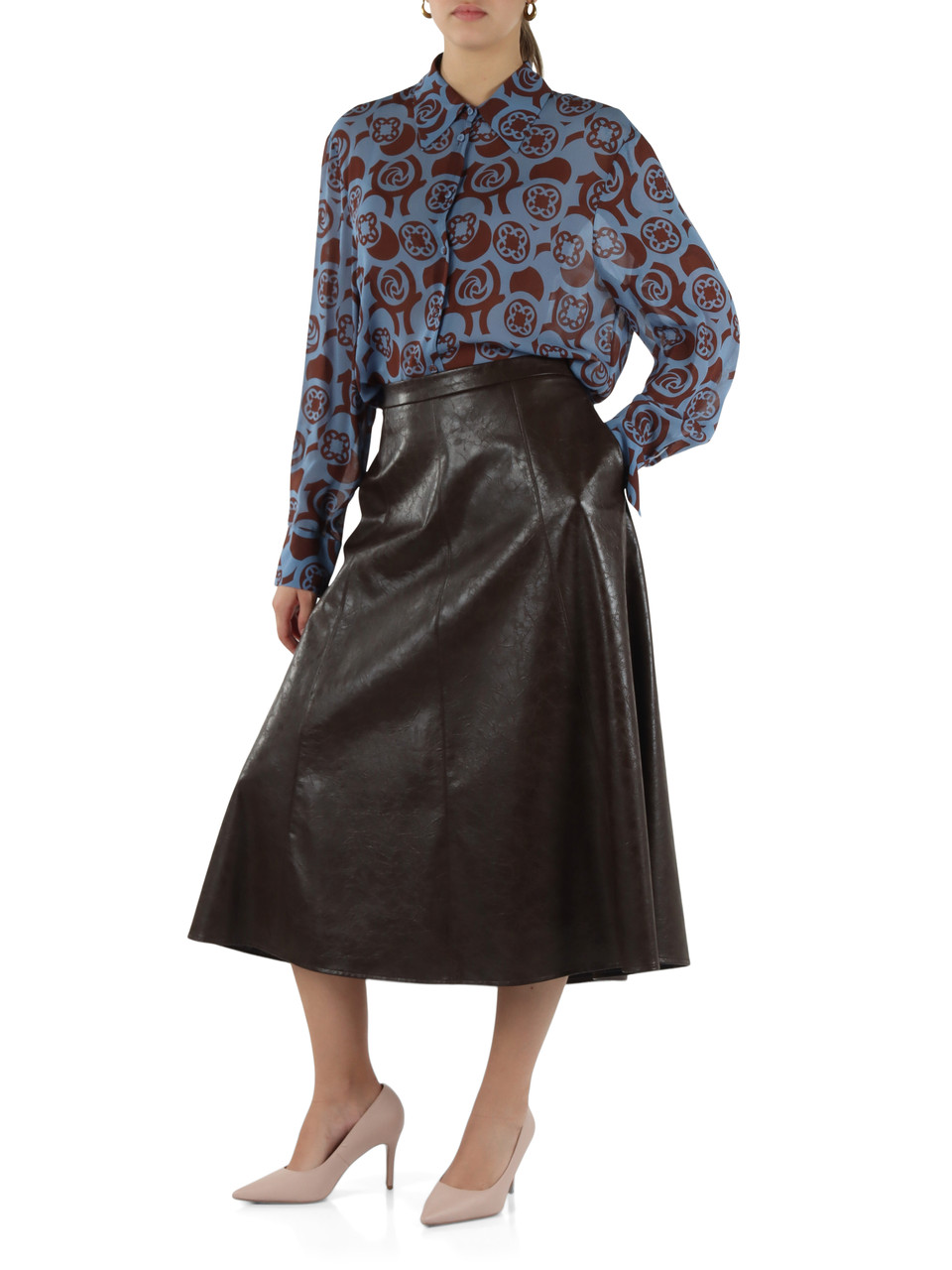 MARRONE | Gonna midi in ecopelle