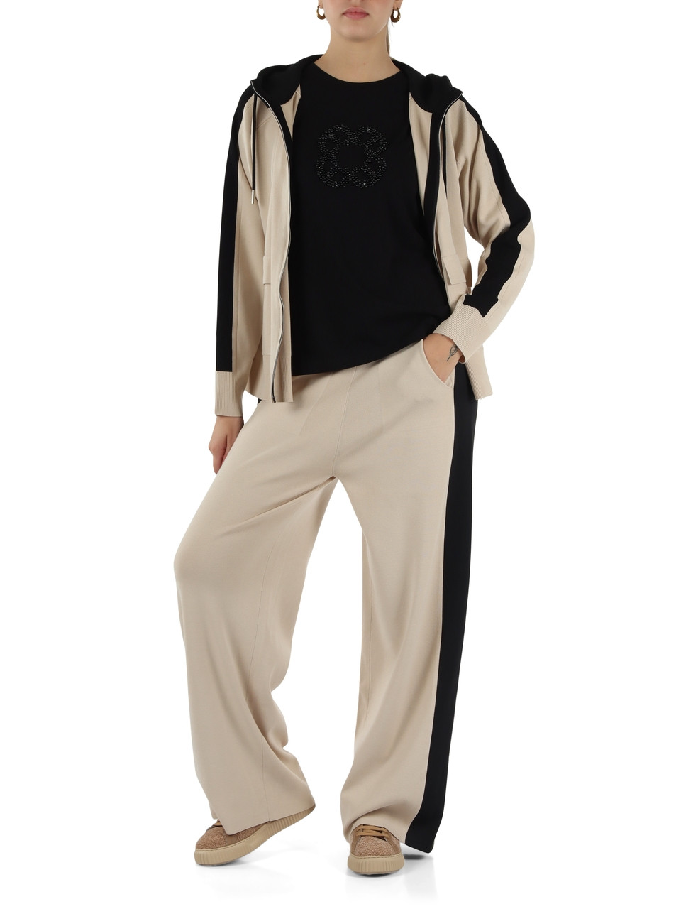 BEIGE | Cardigan con zip e cappuccio in misto viscosa