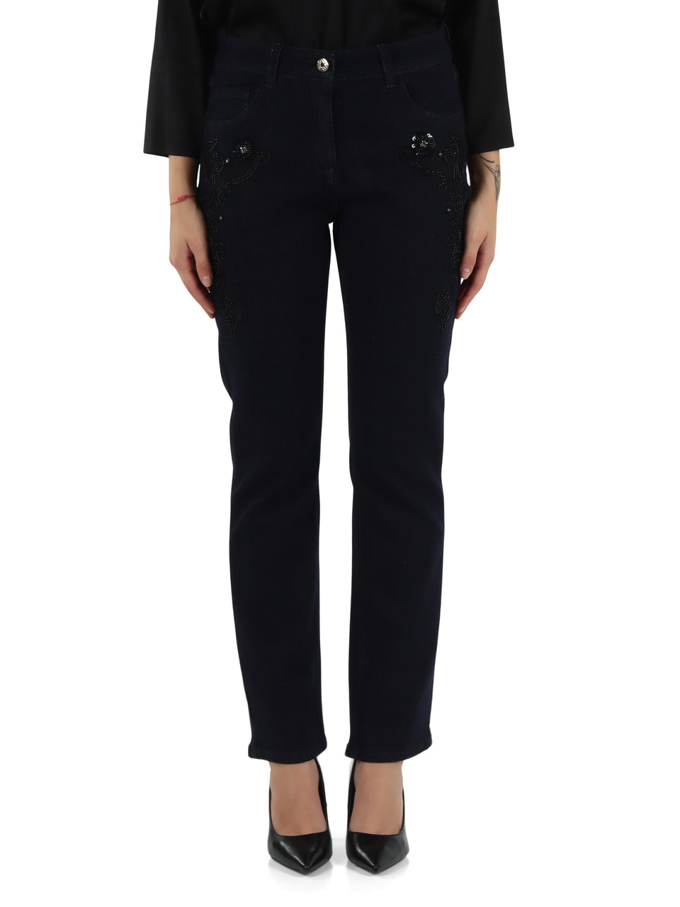 BLU SCURO | Pantaloni jeans cinque tasche ROSE con ricami