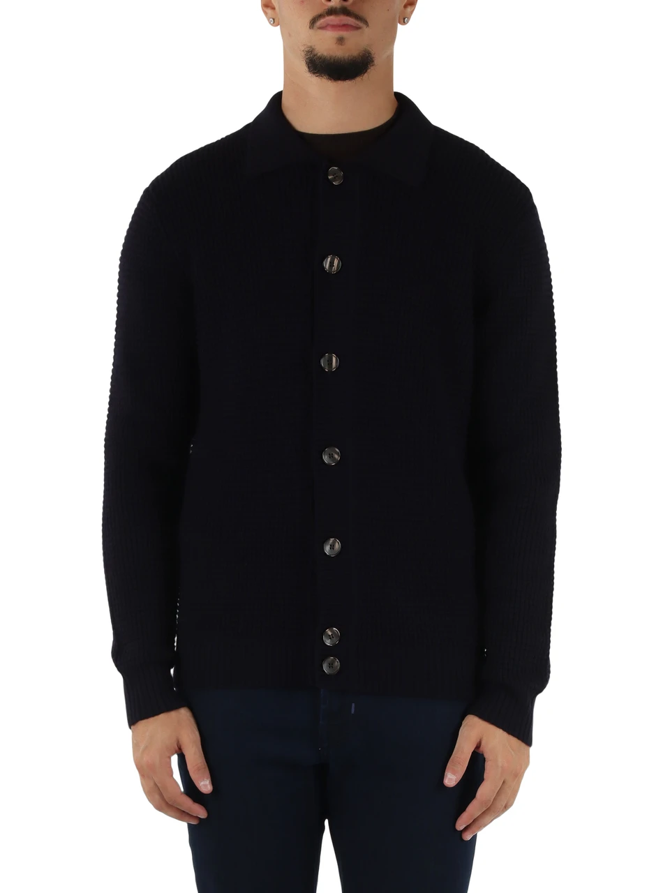 BLU SCURO | Cardigan lavorato in lana merino extrafine