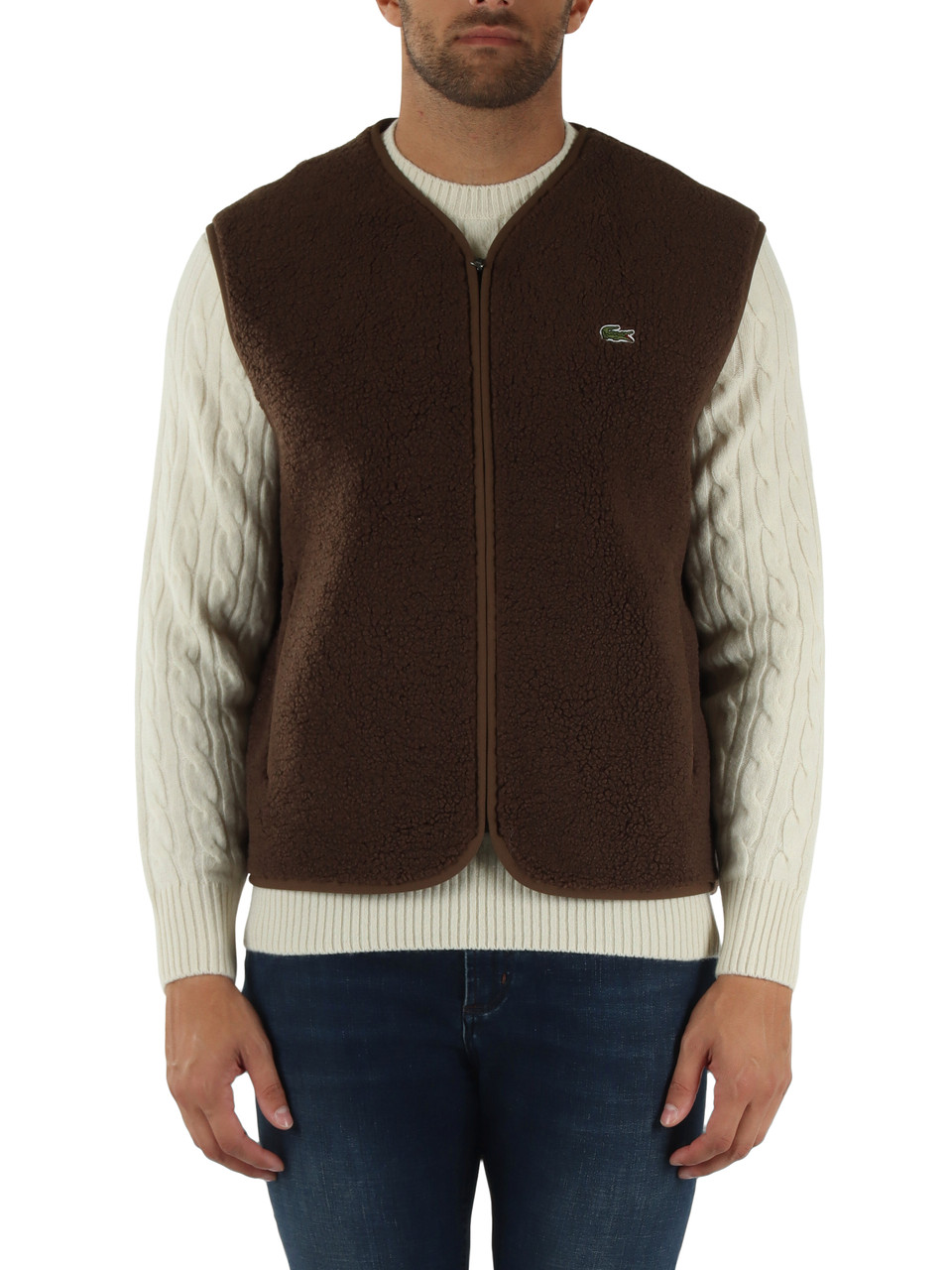 MARRONE | Gilet in pile sherpa con bordi in twill
