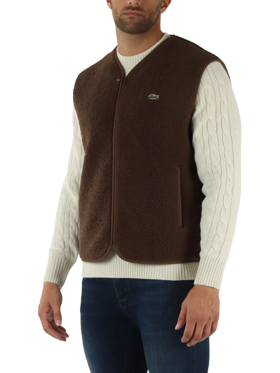 MARRONE | Gilet in pile sherpa con bordi in twill
