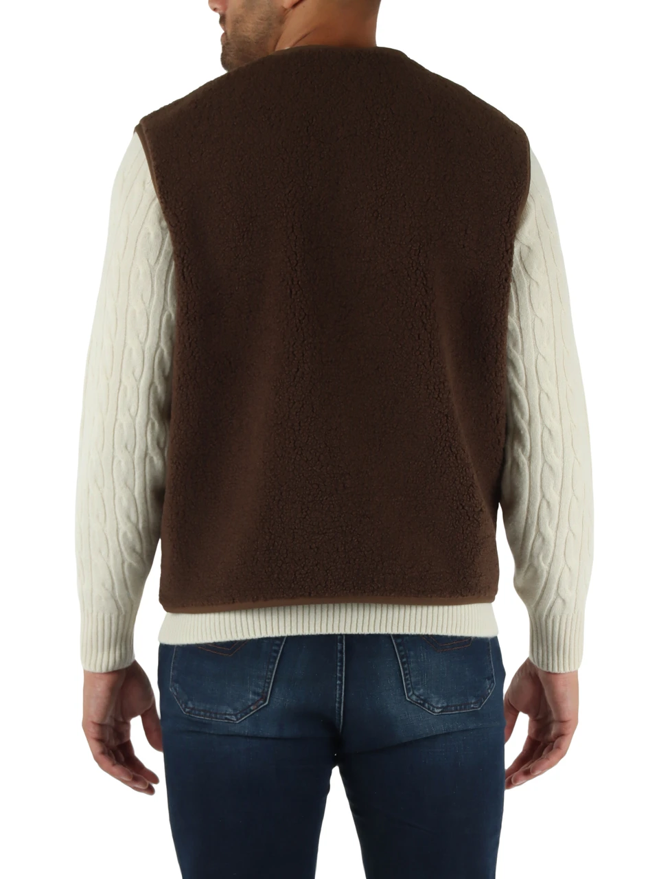 MARRONE | Gilet in pile sherpa con bordi in twill