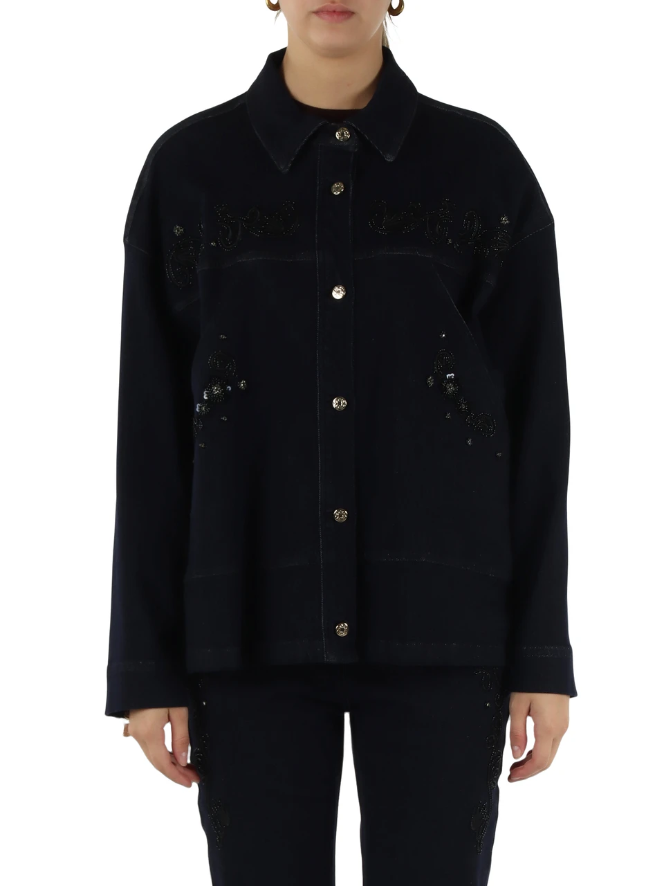 BLU SCURO | Overshirt in denim con ricami e paillettes