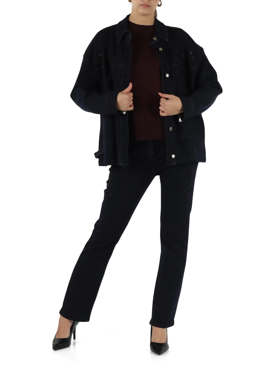 BLU SCURO | Overshirt in denim con ricami e paillettes