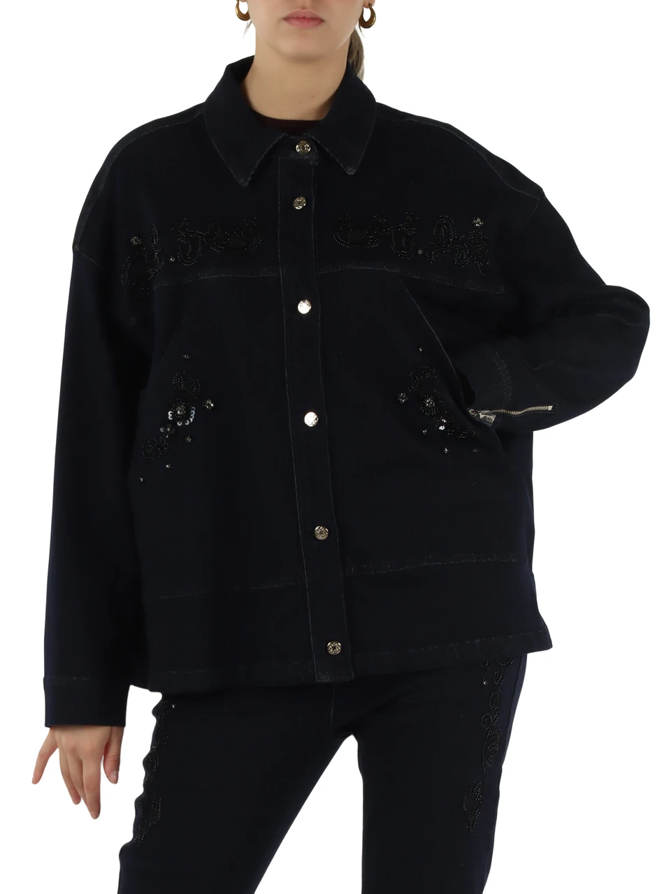 BLU SCURO | Overshirt in denim con ricami e paillettes