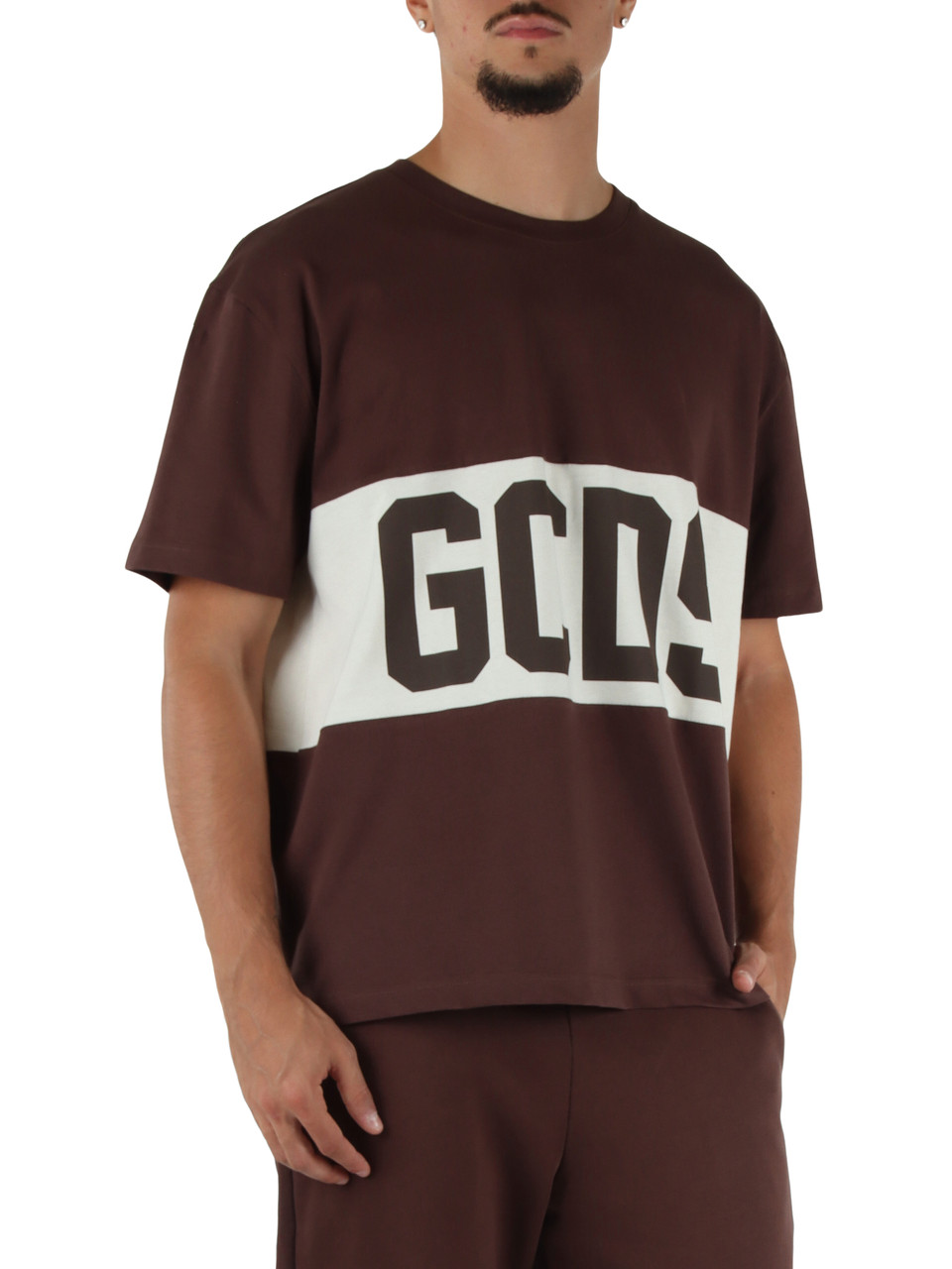 MARRONE | T-shirt in cotone loose fit con inserti stampa logo