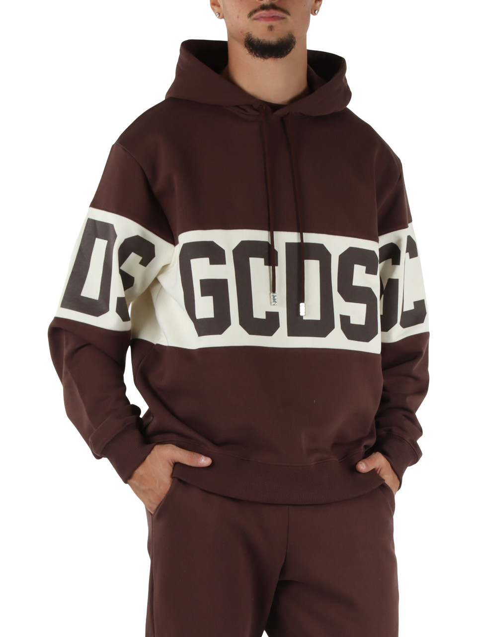 MARRONE | Felpa in cotone garzato con cappuccio e scritte logo