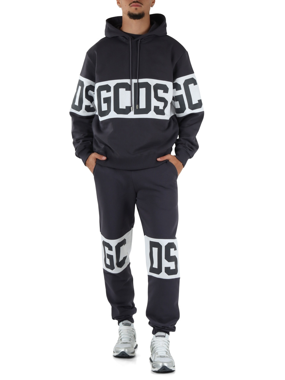 GRAU | Sweatshirt aus angerauter Baumwolle mit Kapuze und Logo-Schriftzügen