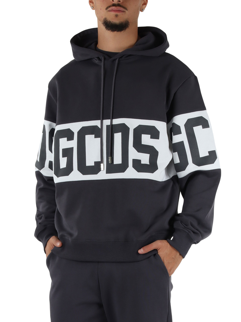 GRAU | Sweatshirt aus angerauter Baumwolle mit Kapuze und Logo-Schriftzügen