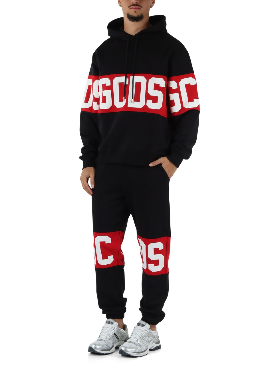SCHWARZ | Sweatshirt aus angerauter Baumwolle mit Kapuze und Logo-Schriftzügen