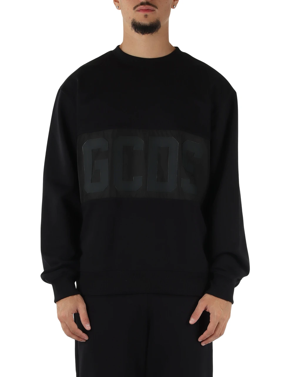 SCHWARZ | Sweatshirt aus aufgerauter Baumwolle mit kontrastierendem Einsatz