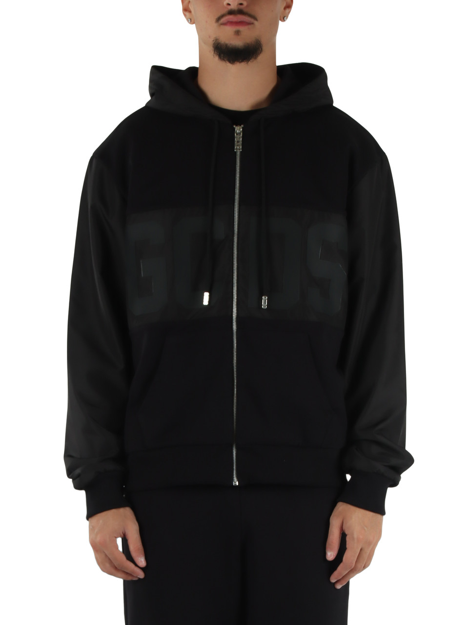 SCHWARZ | Sweatshirt aus angerauter Baumwolle mit Reißverschluss und kontrastierenden Einsätzen