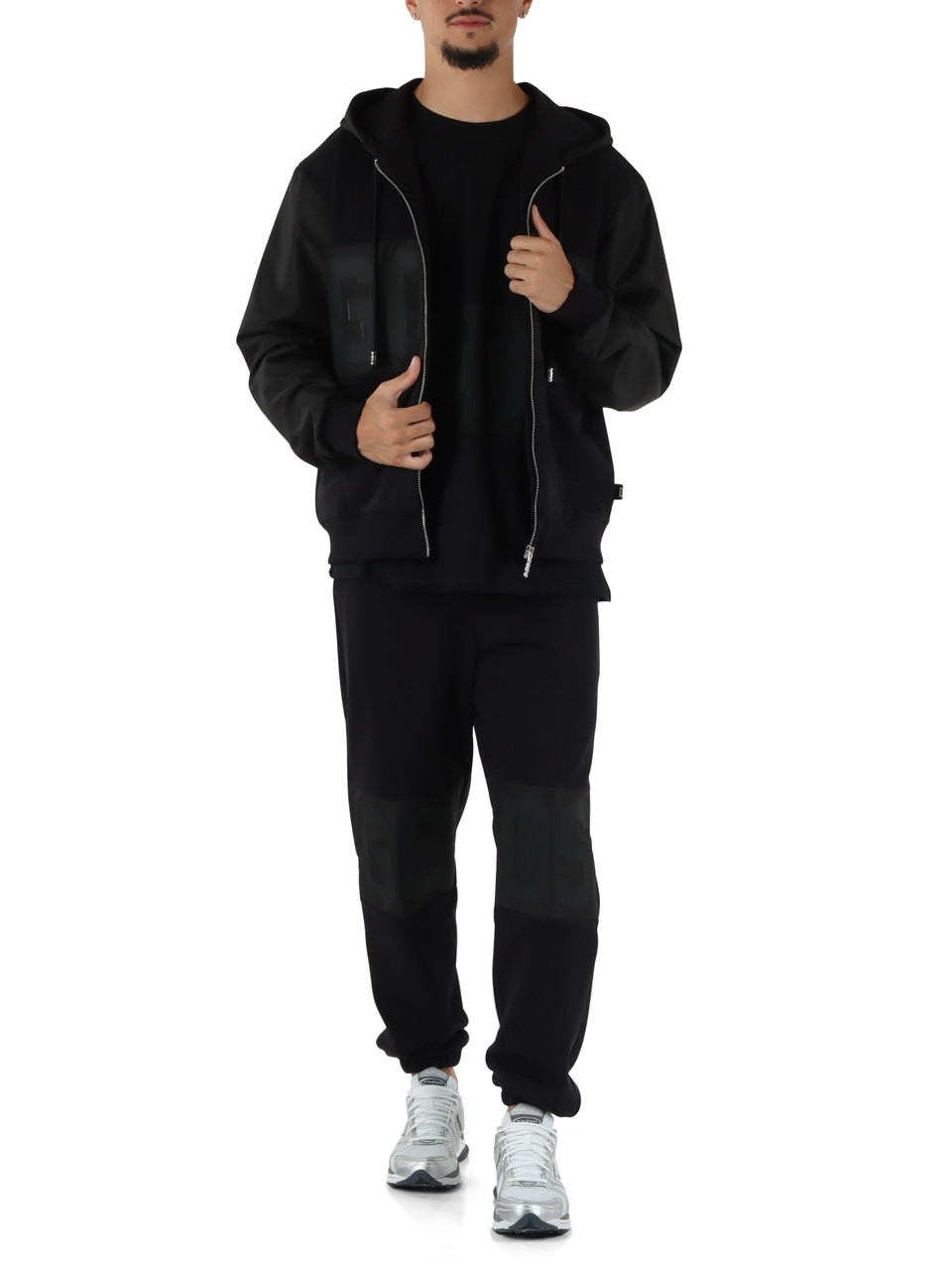 SCHWARZ | Sweatshirt aus angerauter Baumwolle mit Reißverschluss und kontrastierenden Einsätzen