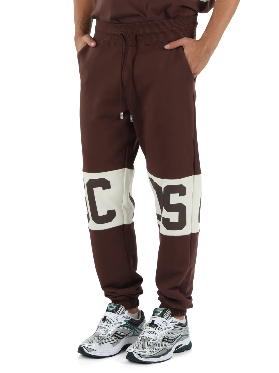 MARRONE | Pantaloni sportivi in cotone garzato con inserti stampa logo
