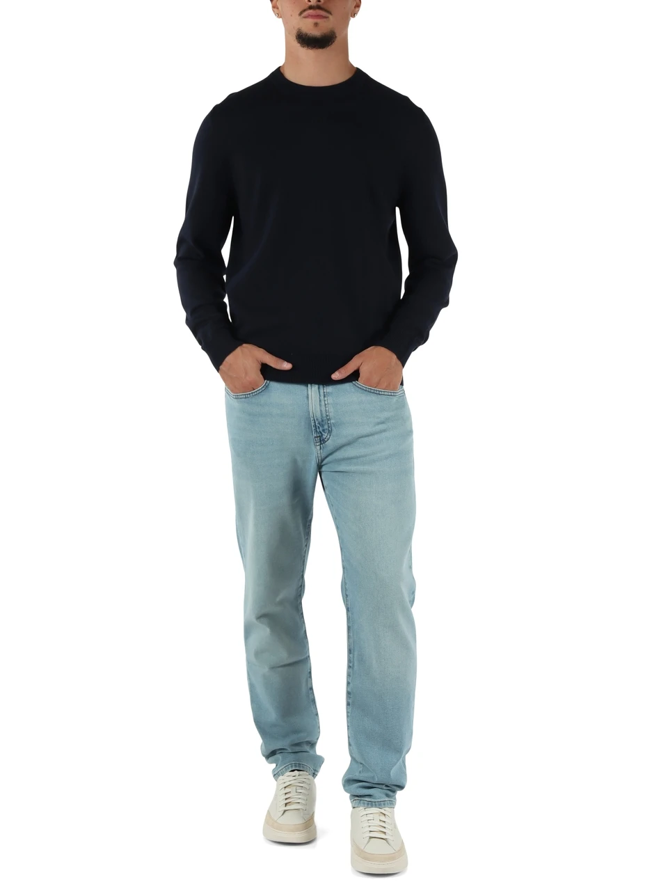 BLU SCURO | Maglia girocollo in cotone con scritta logo a rilievo