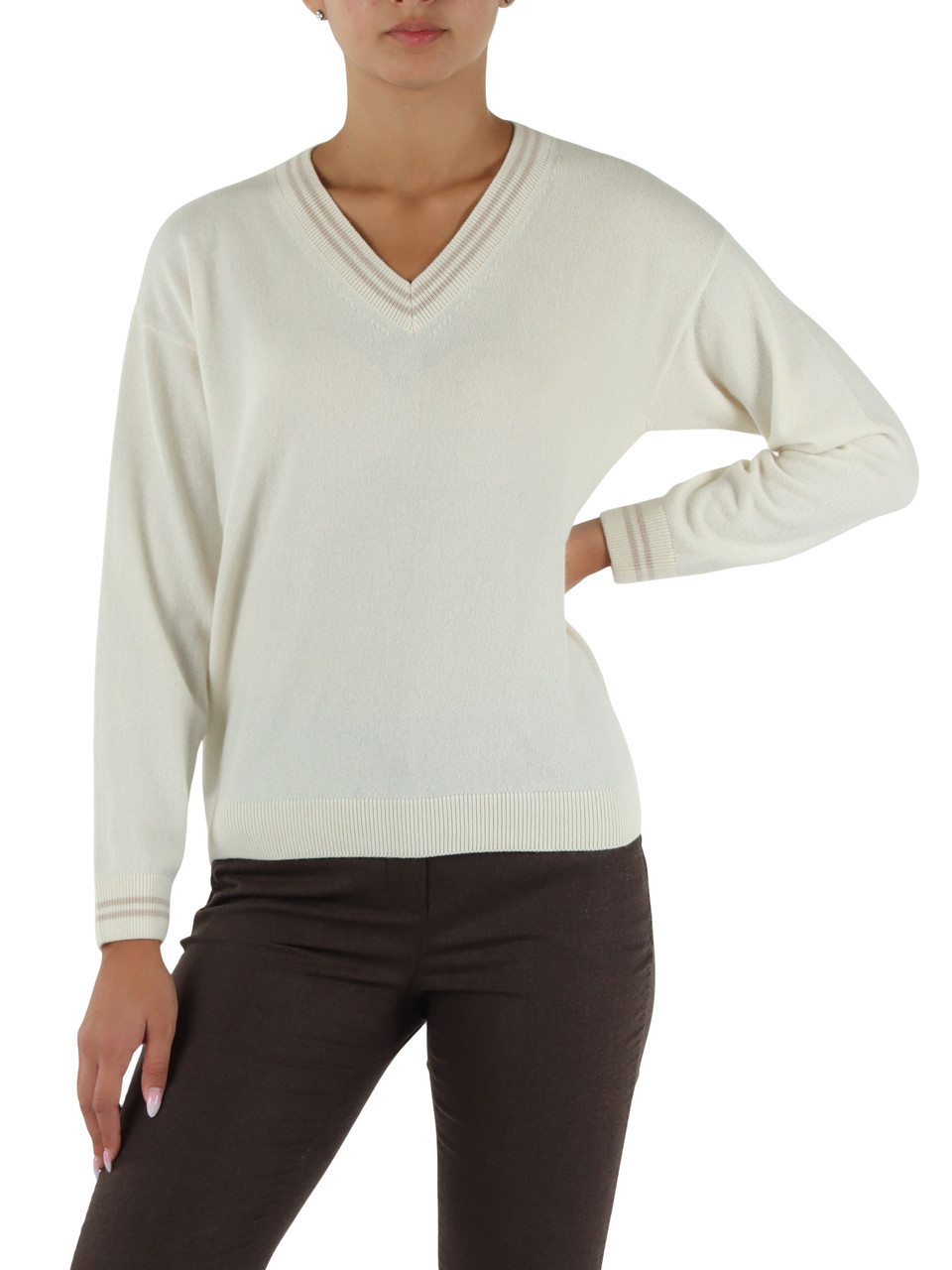 Elfenbein | V-Ausschnitt Pullover aus Kaschmir