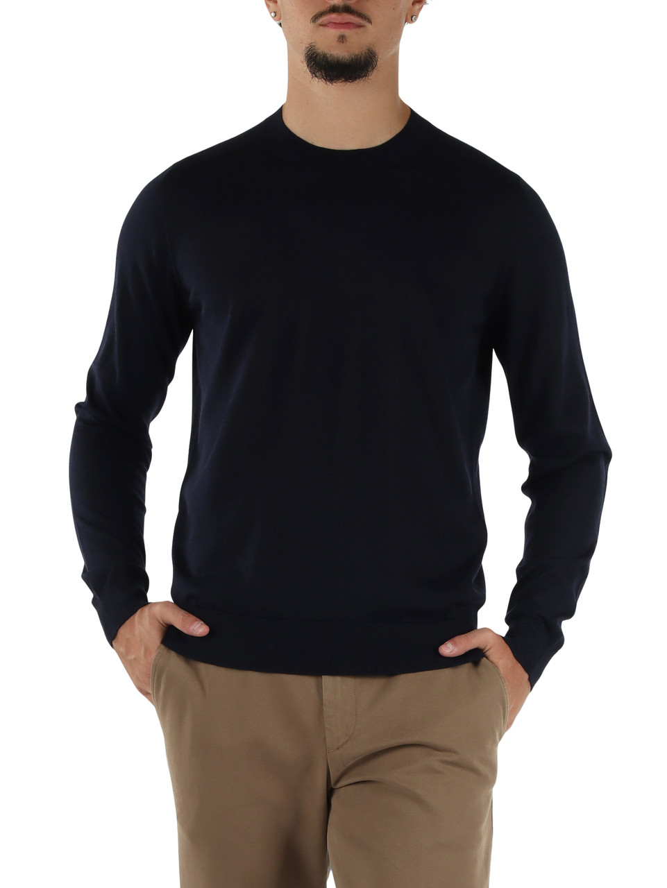BLU SCURO | Maglia girocollo in lana merino extrafine, seta e cashmere