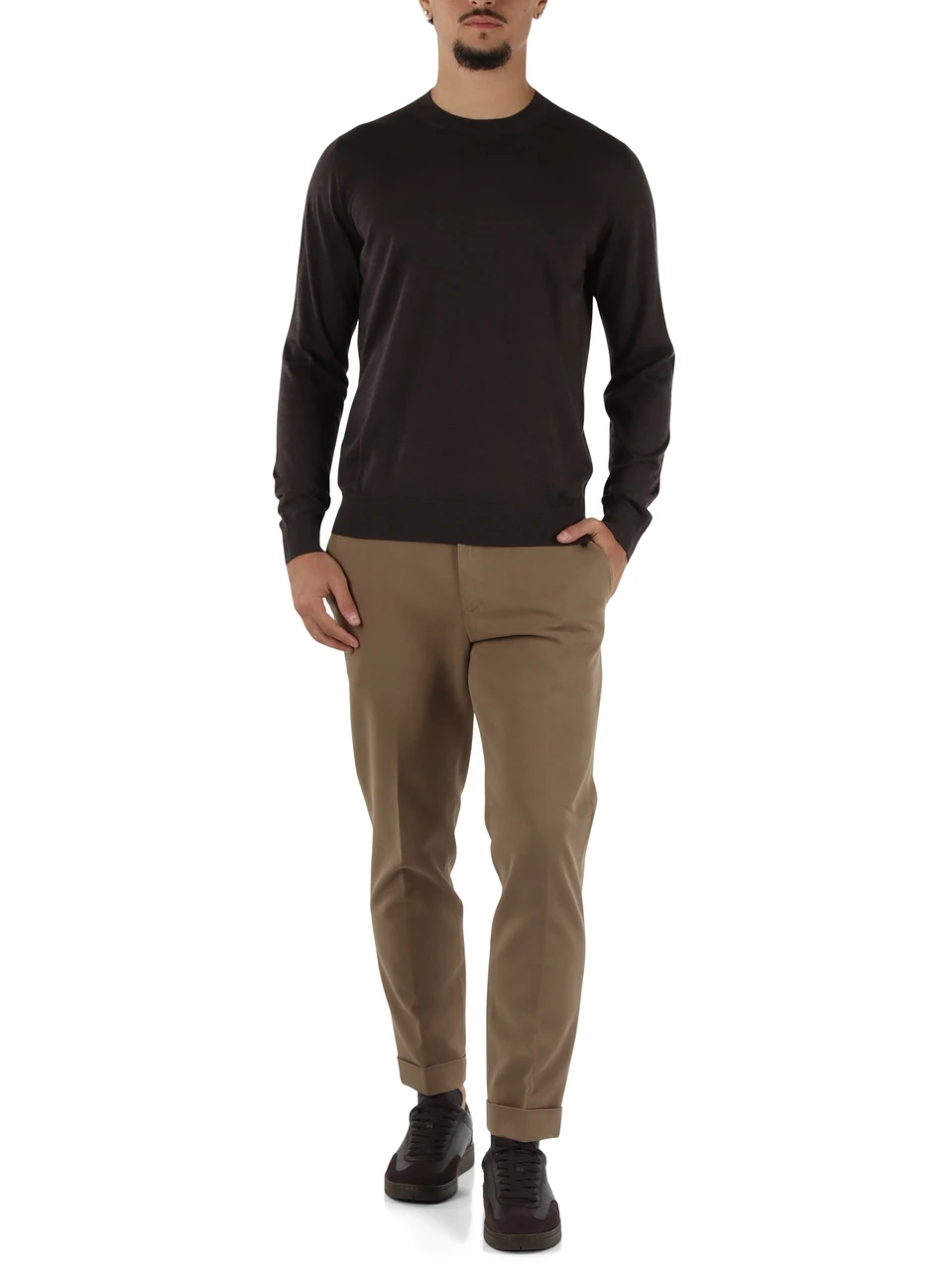 MARRONE | Maglia girocollo in lana merino extrafine, seta e cashmere