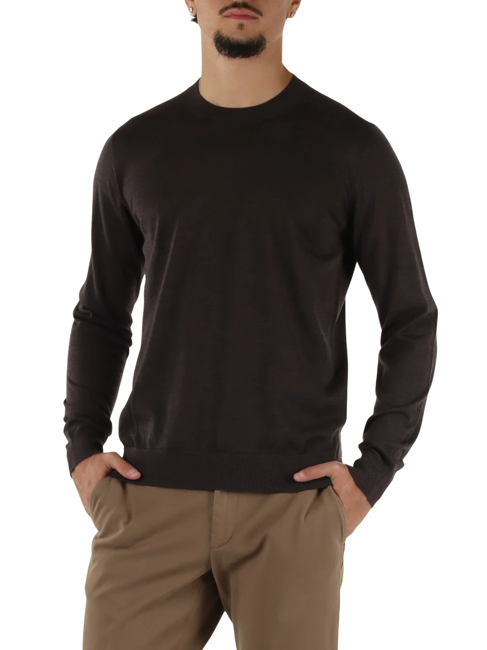 MARRONE | Maglia girocollo in lana merino extrafine, seta e cashmere