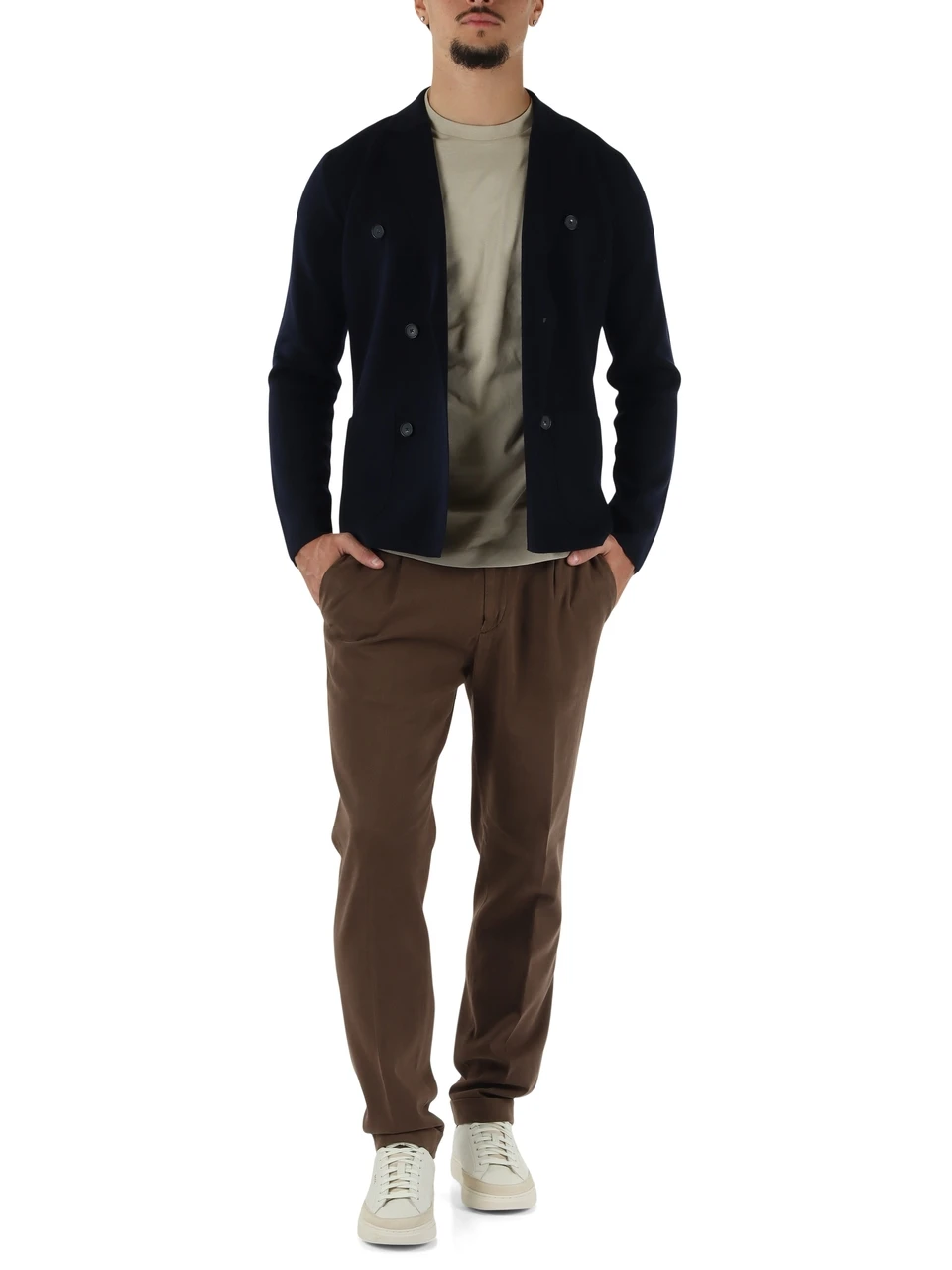 BLU SCURO | Giacca cardigan doppiopetto in lana merino extrafine