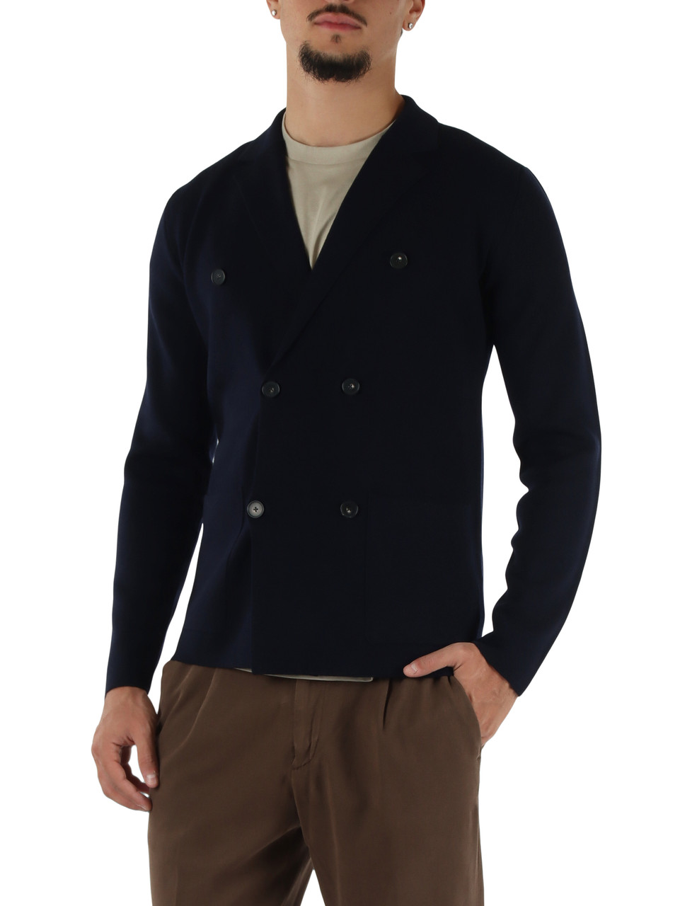 BLU SCURO | Giacca cardigan doppiopetto in lana merino extrafine