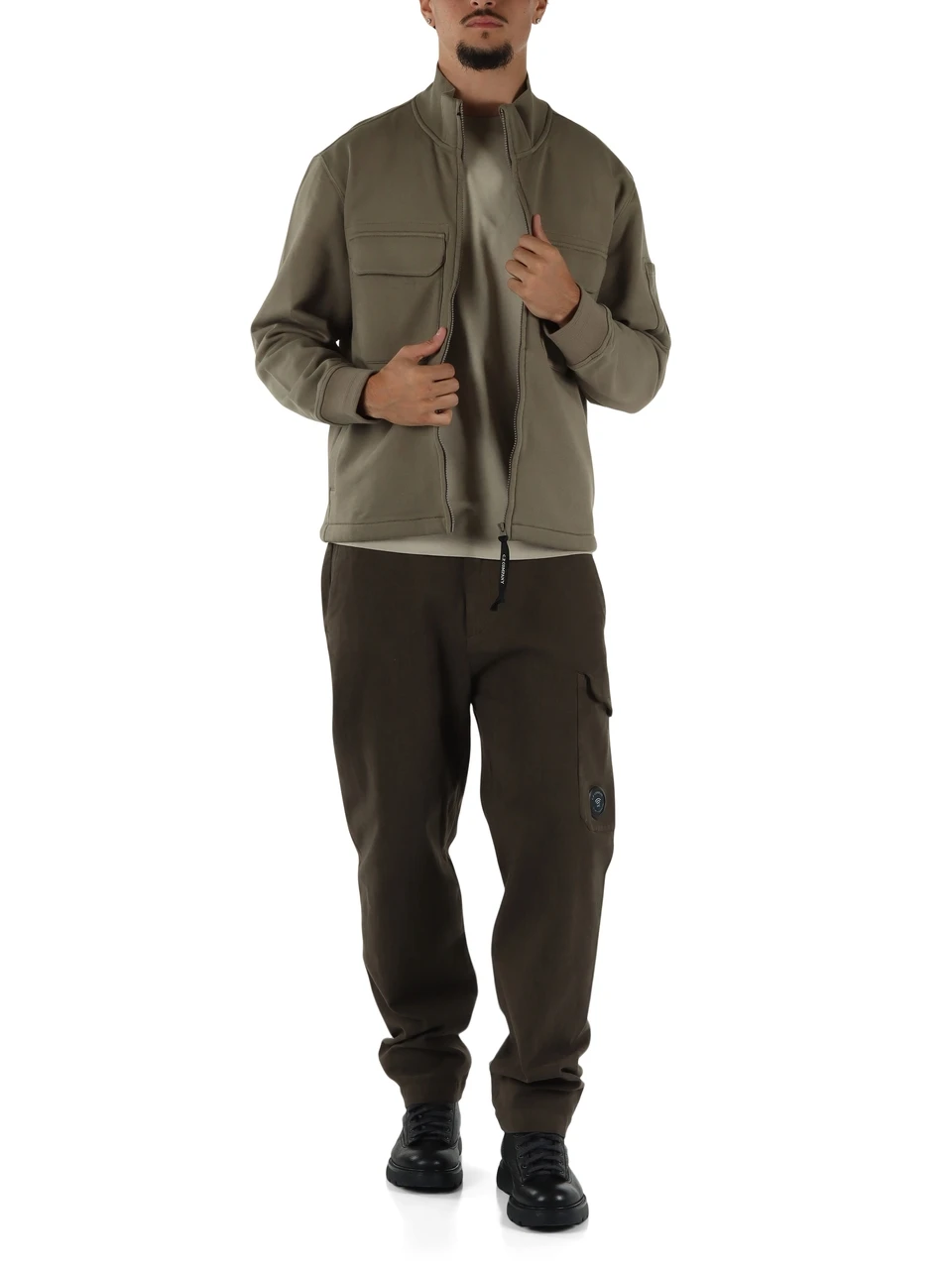 VERDE | Felpa con zip in fleece di cotone a trama diagonale