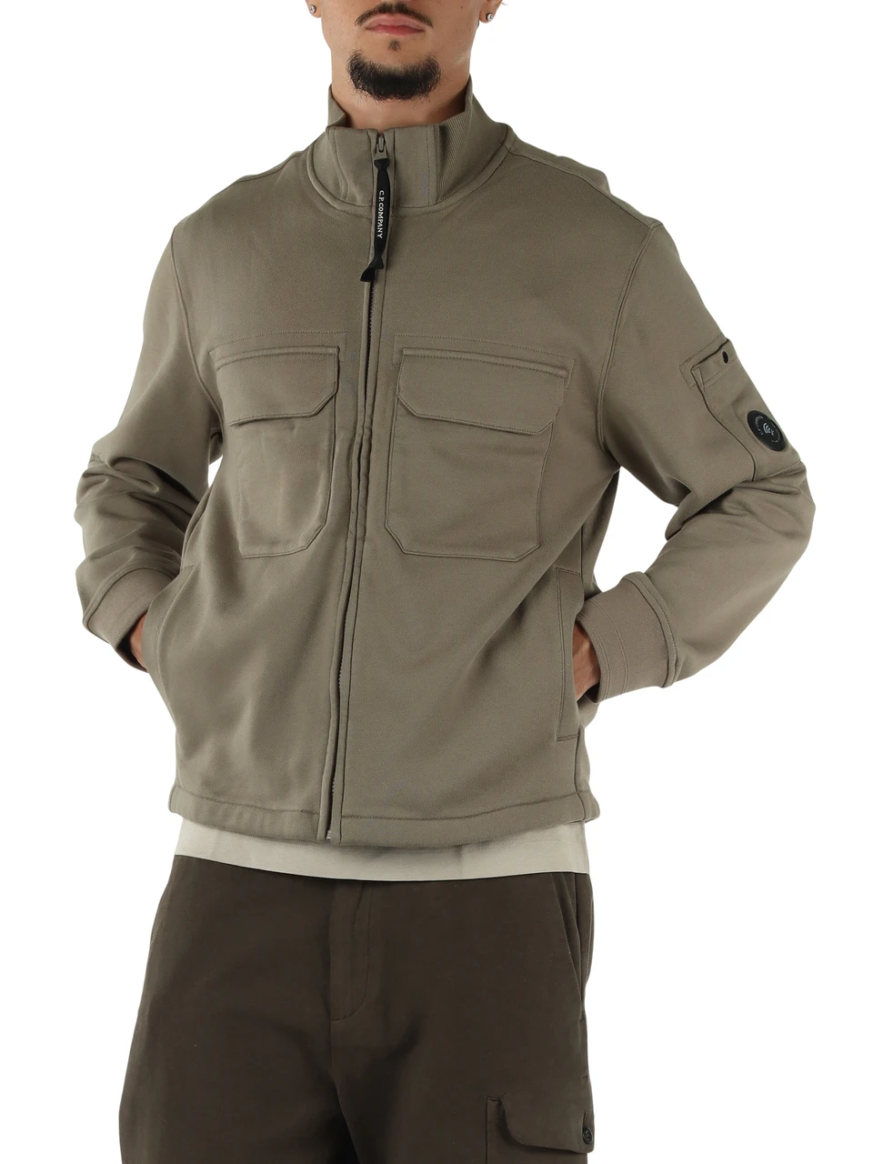 VERDE | Felpa con zip in fleece di cotone a trama diagonale
