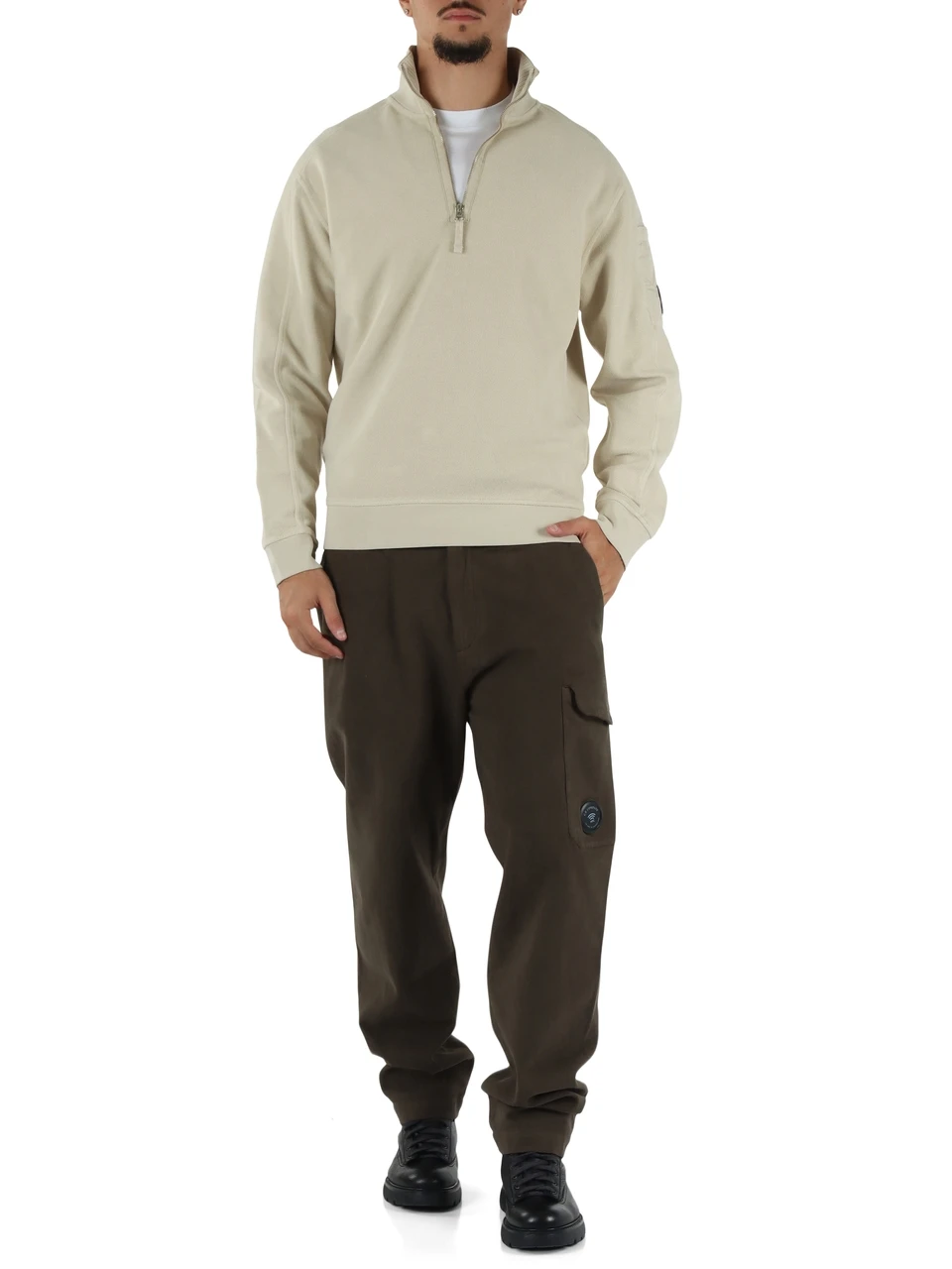 BEIGE | Felpa mezza zip in fleece diagonale smerigliato e spazzolato
